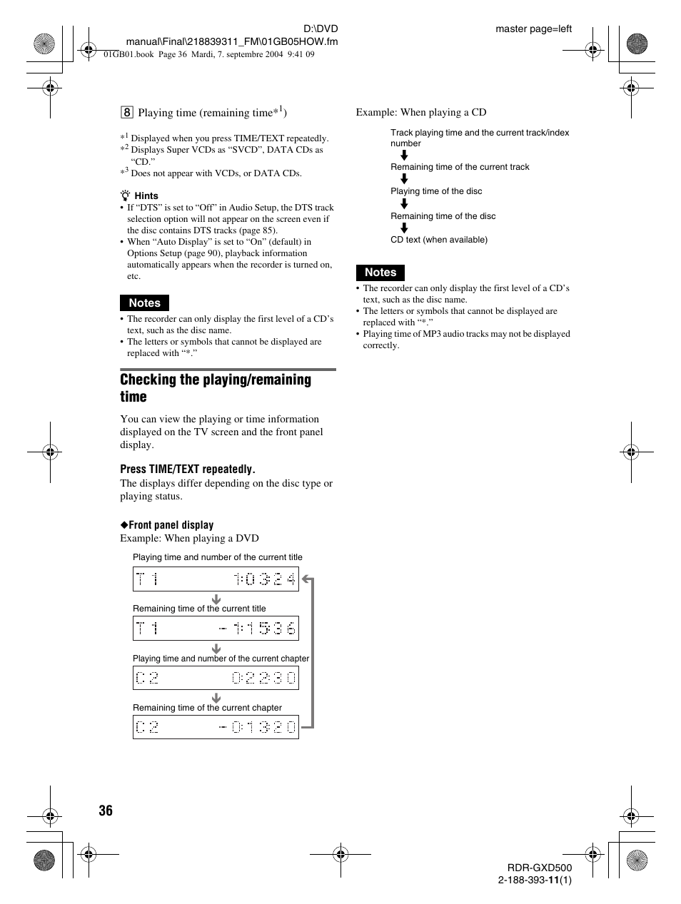 Checking the playing/remaining time | Sony RDR-GXD500 User Manual | Page 36 / 110