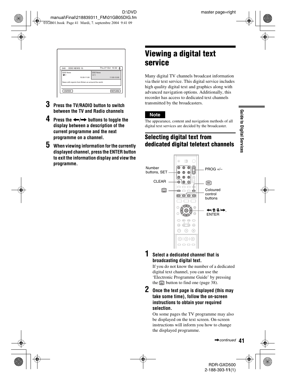 Viewing a digital text service | Sony RDR-GXD500 User Manual | Page 41 / 110