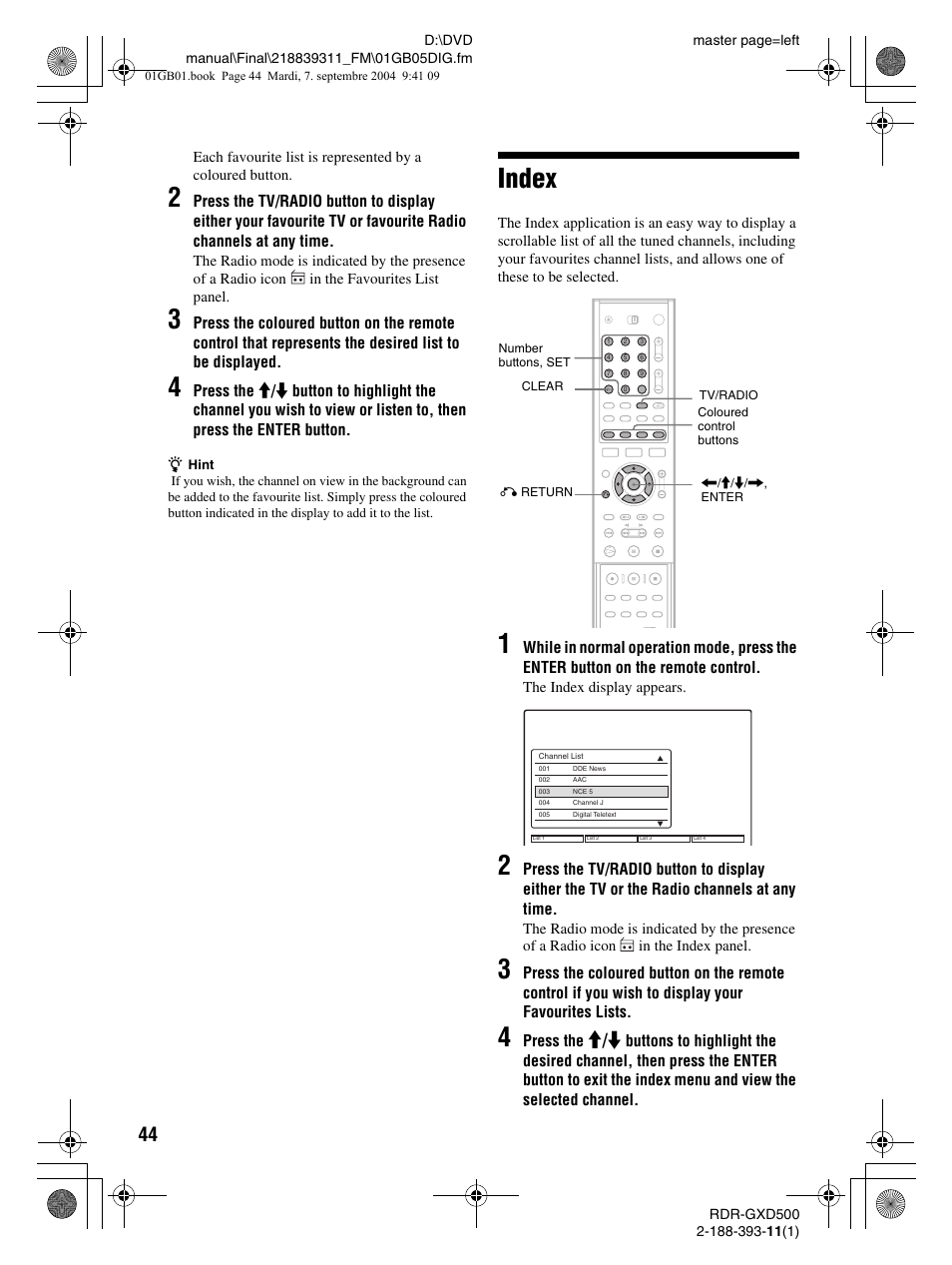 Index, M / m | Sony RDR-GXD500 User Manual | Page 44 / 110