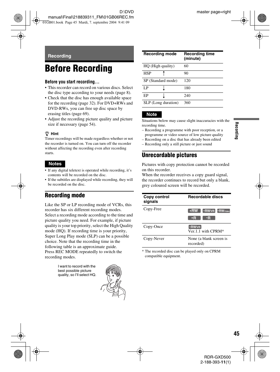 Before recording, Recording mode, Unrecordable pictures | Sony RDR-GXD500 User Manual | Page 45 / 110