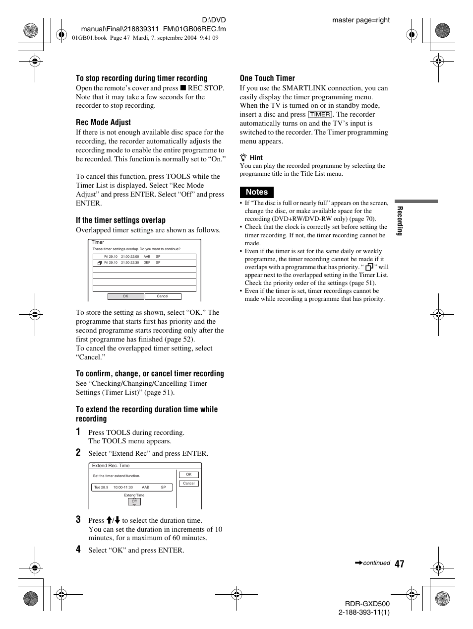 Sony RDR-GXD500 User Manual | Page 47 / 110