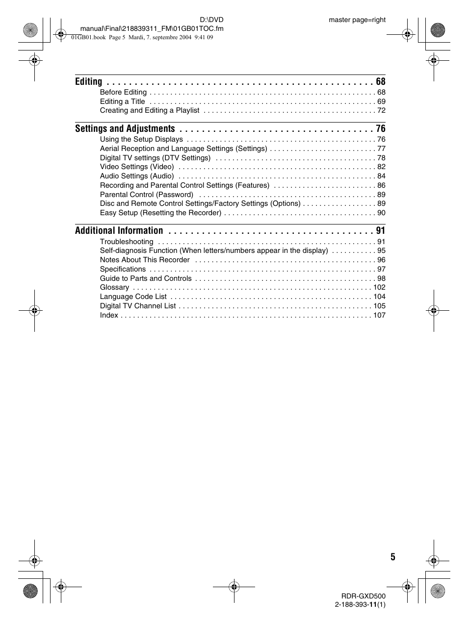 Sony RDR-GXD500 User Manual | Page 5 / 110