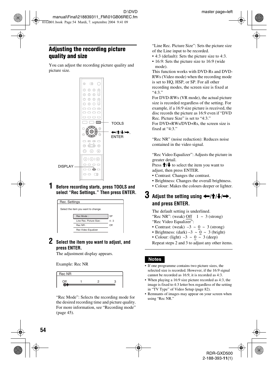Adjusting the recording picture quality and size | Sony RDR-GXD500 User Manual | Page 54 / 110