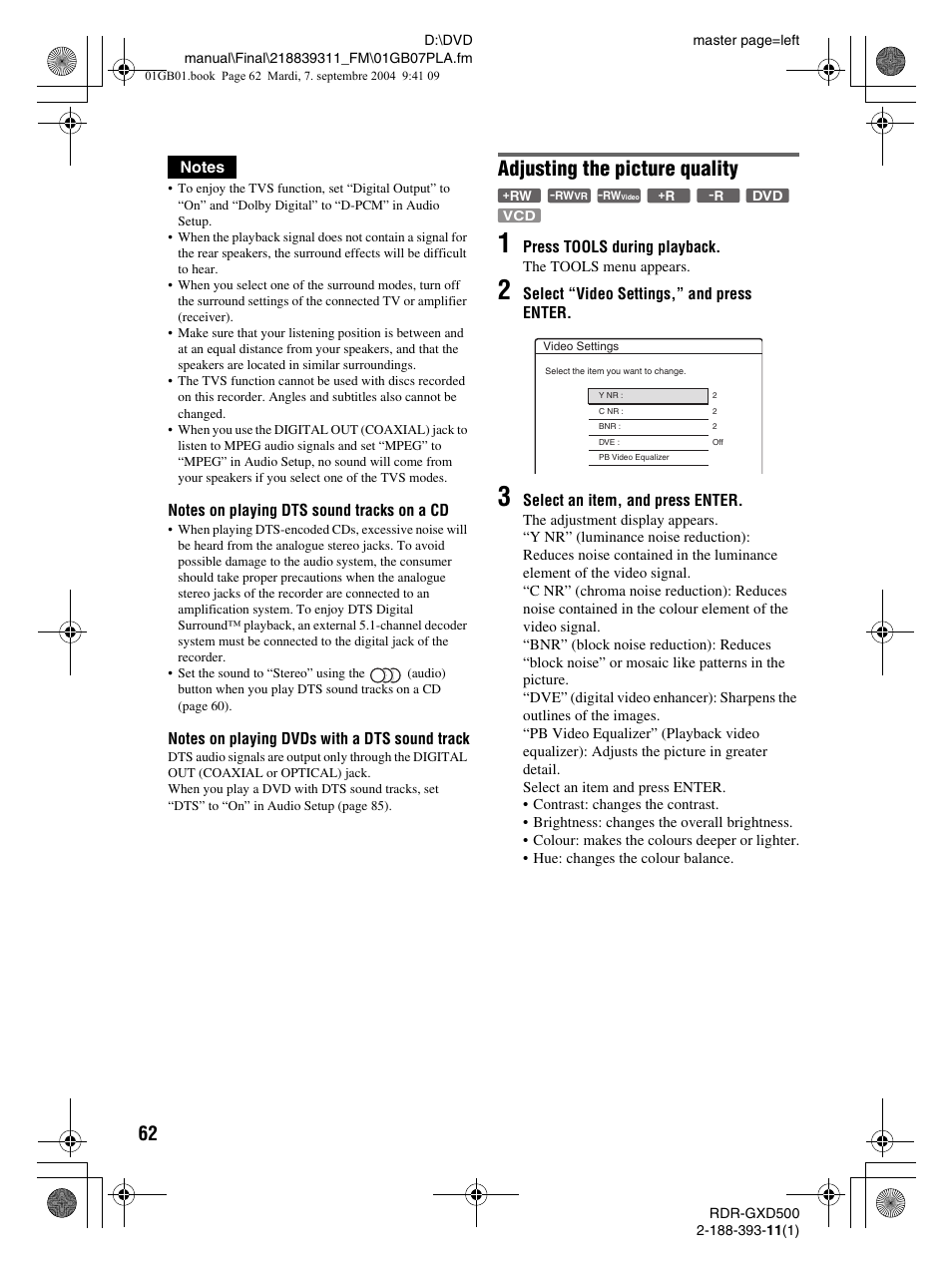Adjusting the picture quality | Sony RDR-GXD500 User Manual | Page 62 / 110