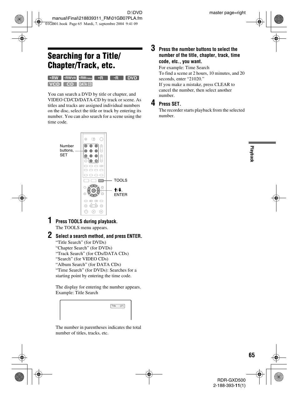 Searching for a title/ chapter/track, etc | Sony RDR-GXD500 User Manual | Page 65 / 110