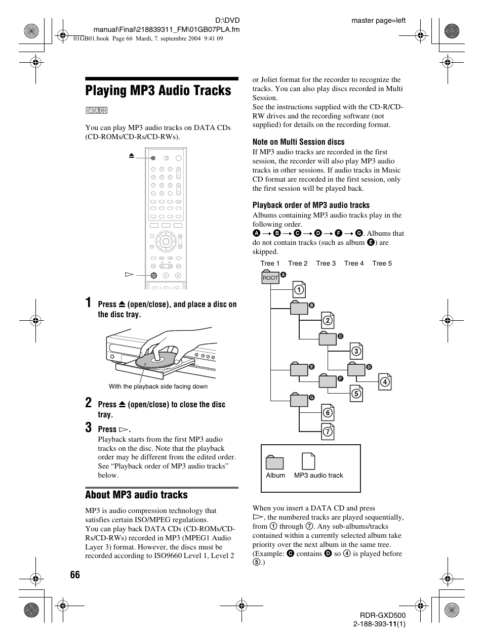 Playing mp3 audio tracks, About mp3 audio tracks | Sony RDR-GXD500 User Manual | Page 66 / 110