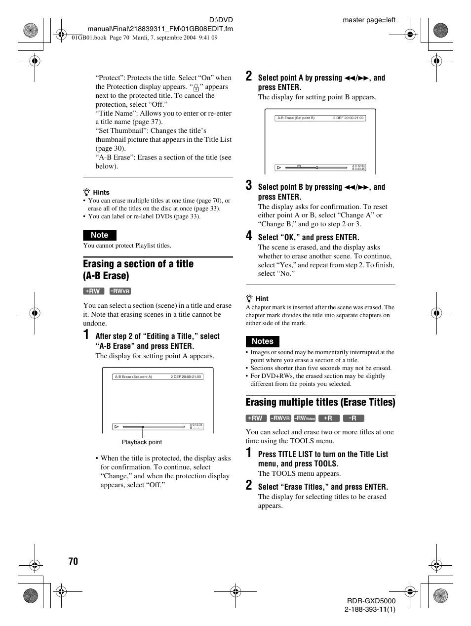 Erasing multiple titles (erase titles) | Sony RDR-GXD500 User Manual | Page 70 / 110