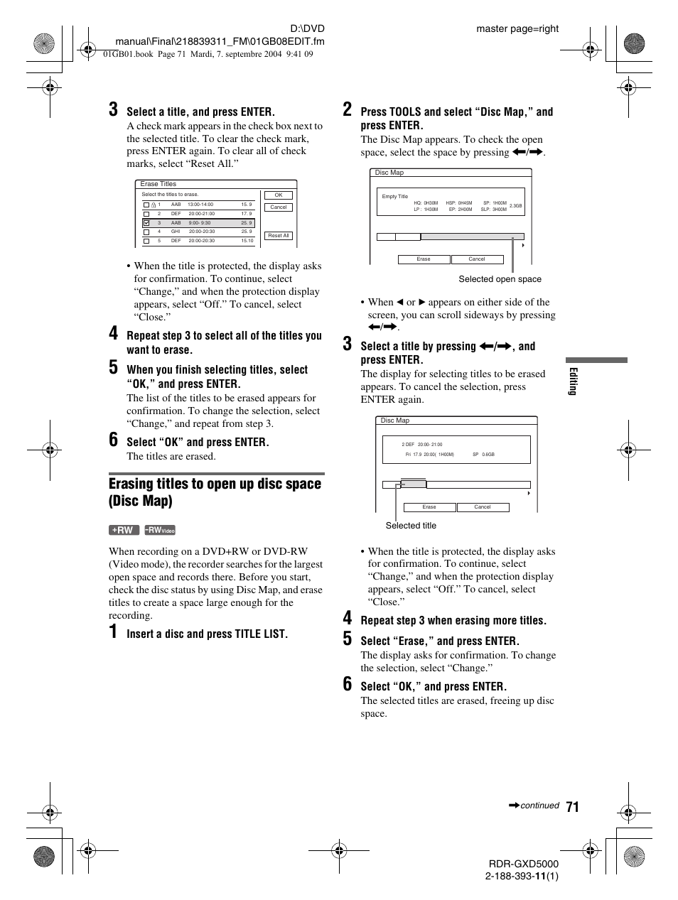 Erasing titles to open up disc space (disc map) | Sony RDR-GXD500 User Manual | Page 71 / 110