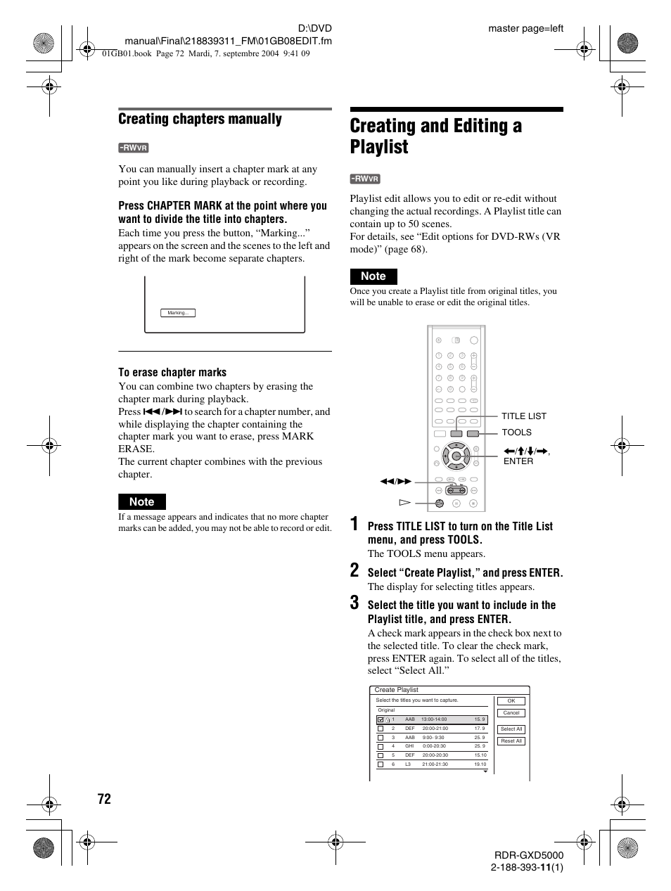 Creating and editing a playlist, Creating chapters manually, Select “create playlist,” and press enter | Sony RDR-GXD500 User Manual | Page 72 / 110