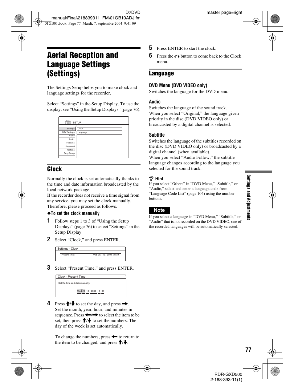Aerial reception and language settings (settings), Clock, Language | Sony RDR-GXD500 User Manual | Page 77 / 110
