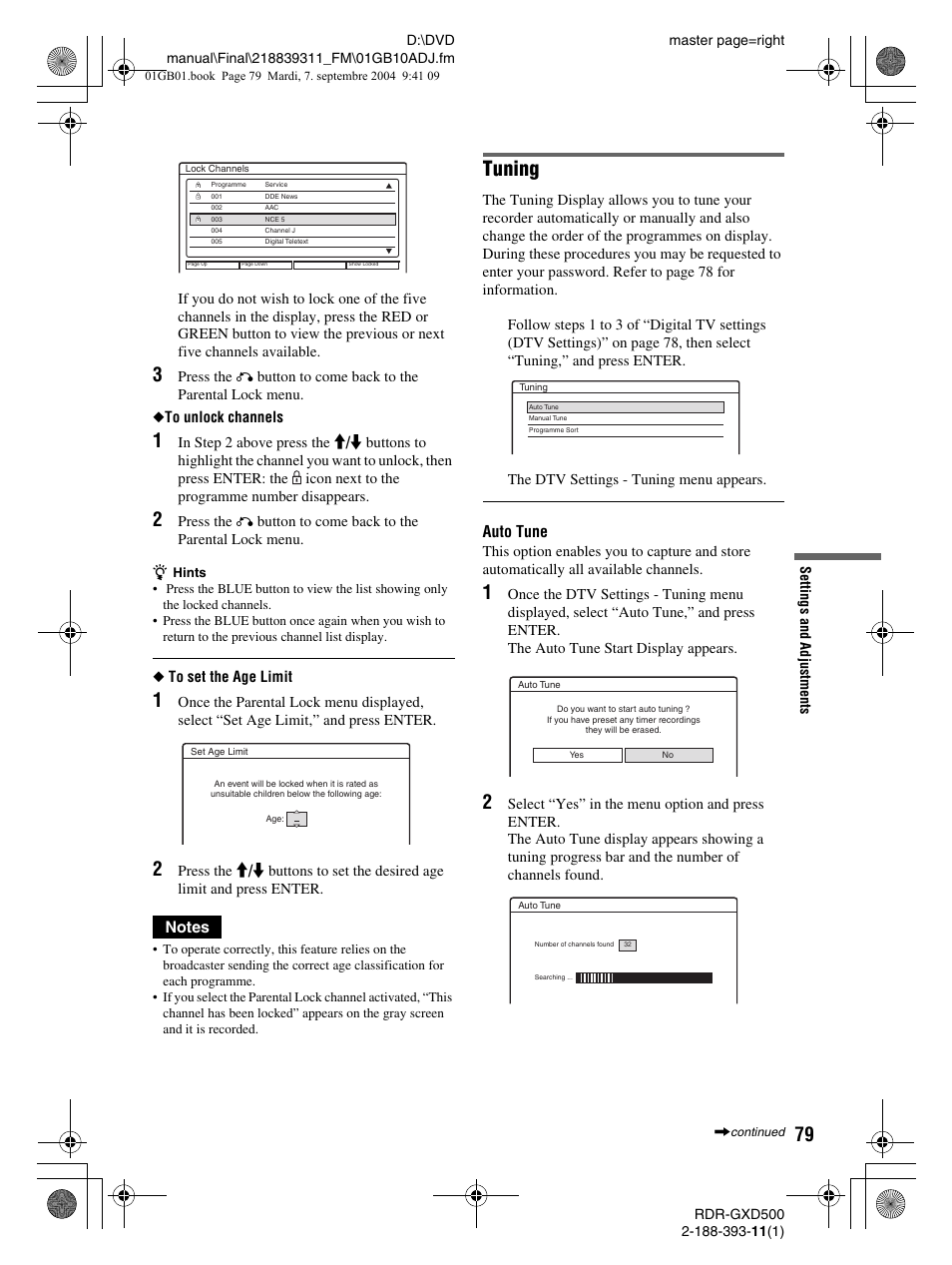 Tuning, Auto tune | Sony RDR-GXD500 User Manual | Page 79 / 110