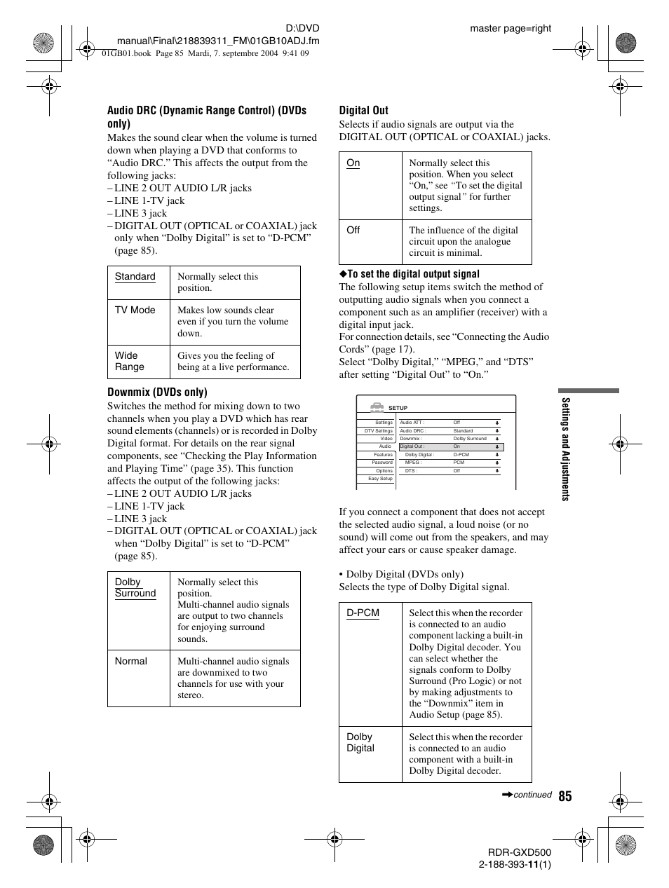 Audio drc (dynamic range control) (dvds only), Downmix (dvds only), Digital out | Sony RDR-GXD500 User Manual | Page 85 / 110