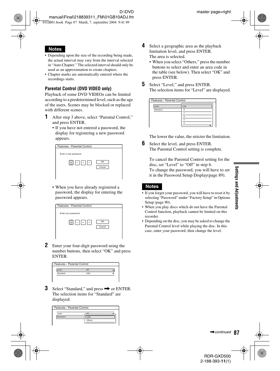 Parental control (dvd video only) | Sony RDR-GXD500 User Manual | Page 87 / 110