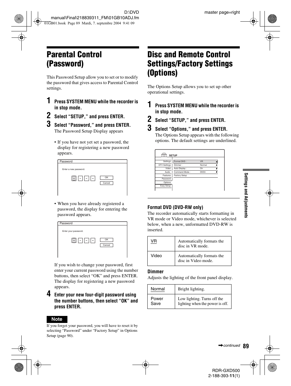 Parental control (password) | Sony RDR-GXD500 User Manual | Page 89 / 110