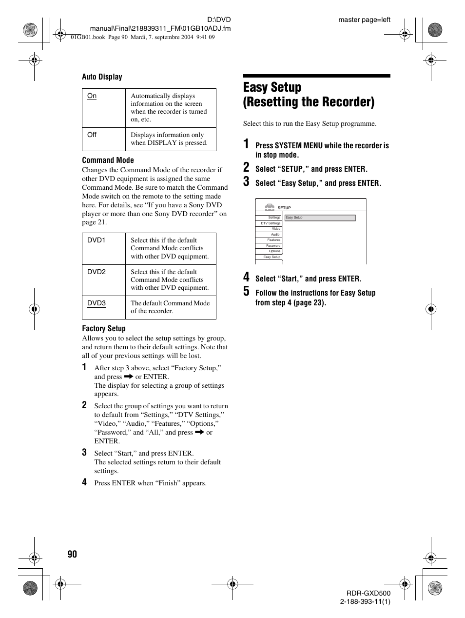 Easy setup (resetting the recorder) | Sony RDR-GXD500 User Manual | Page 90 / 110