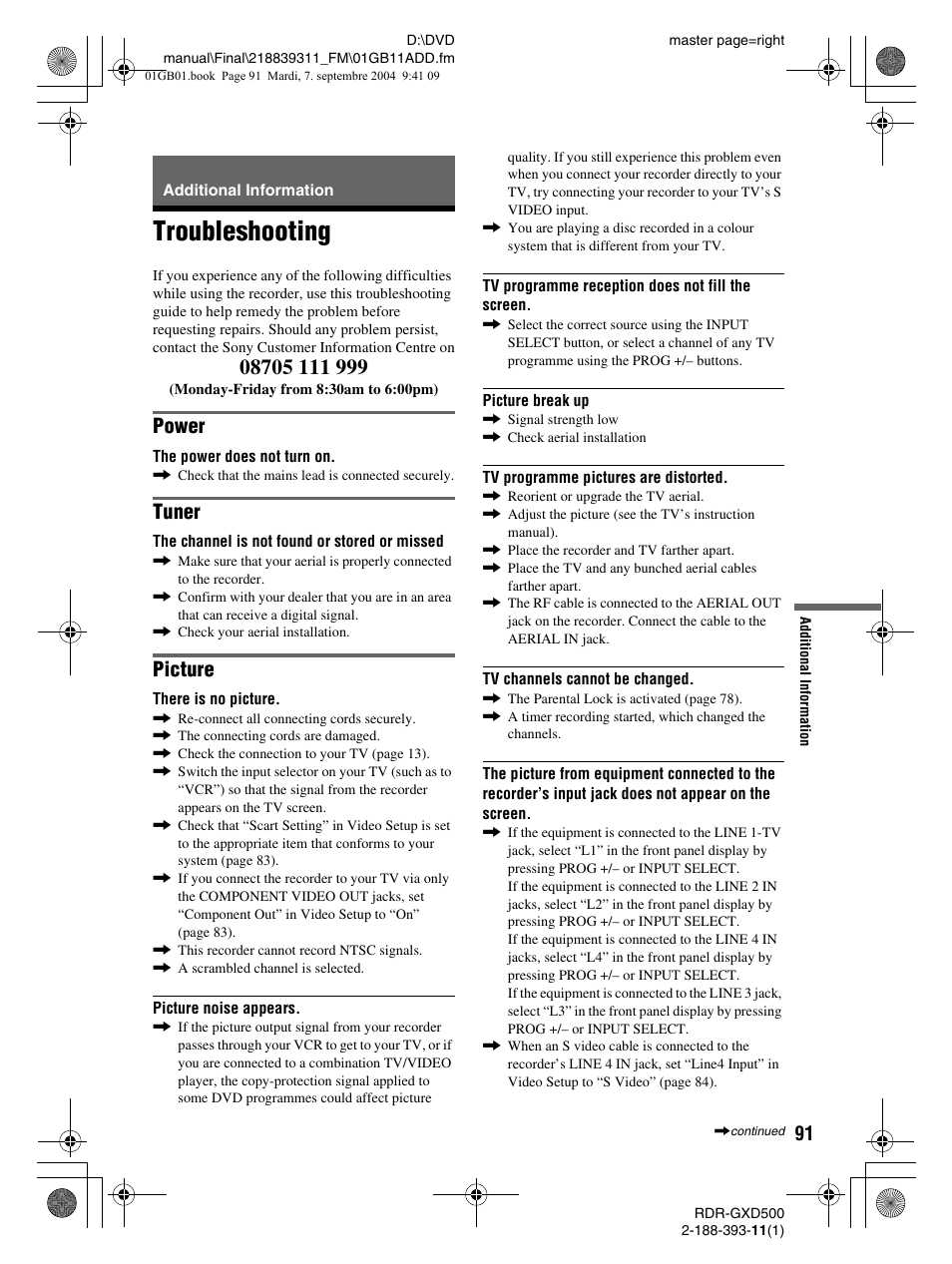 Troubleshooting, Power, Tuner | Picture | Sony RDR-GXD500 User Manual | Page 91 / 110
