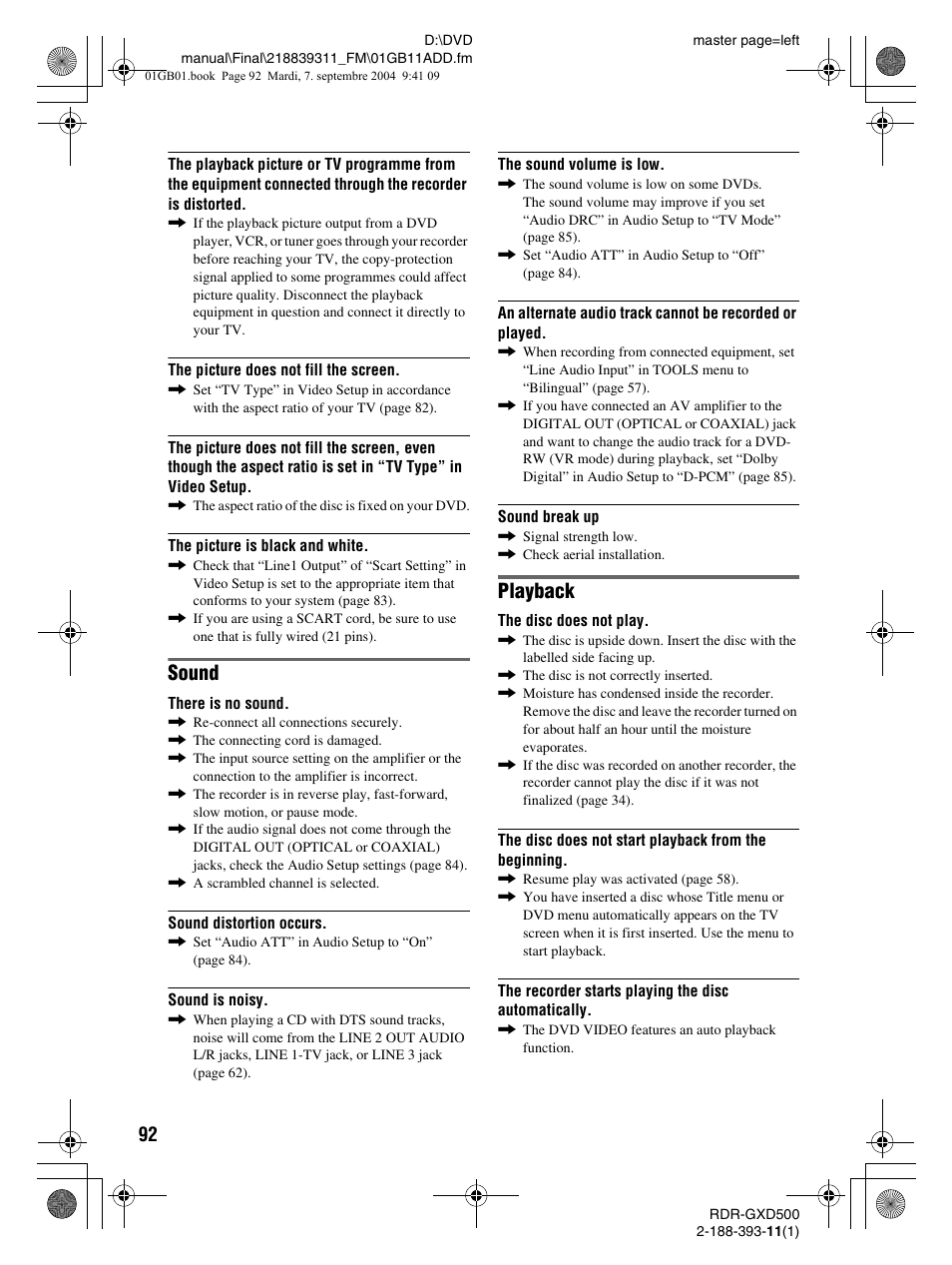 Sound, Playback | Sony RDR-GXD500 User Manual | Page 92 / 110