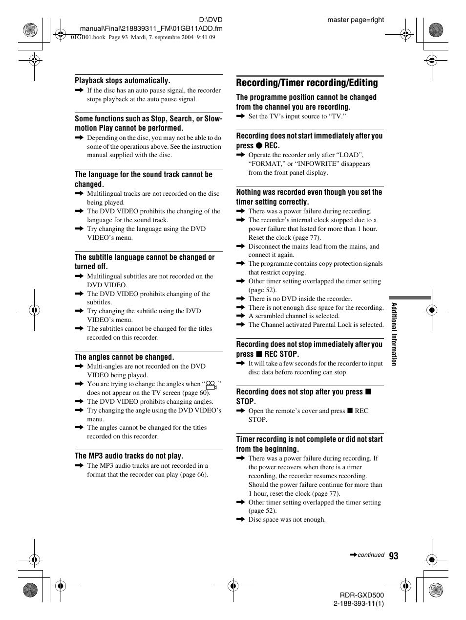 Recording/timer recording/editing | Sony RDR-GXD500 User Manual | Page 93 / 110