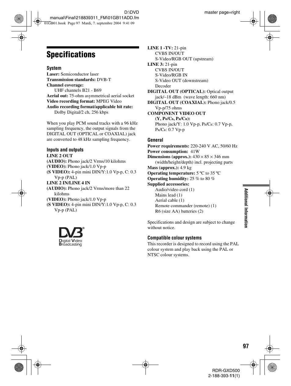 Specifications | Sony RDR-GXD500 User Manual | Page 97 / 110