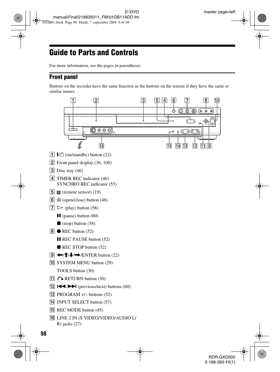 Guide to parts and controls, Front panel | Sony RDR-GXD500 User Manual | Page 98 / 110