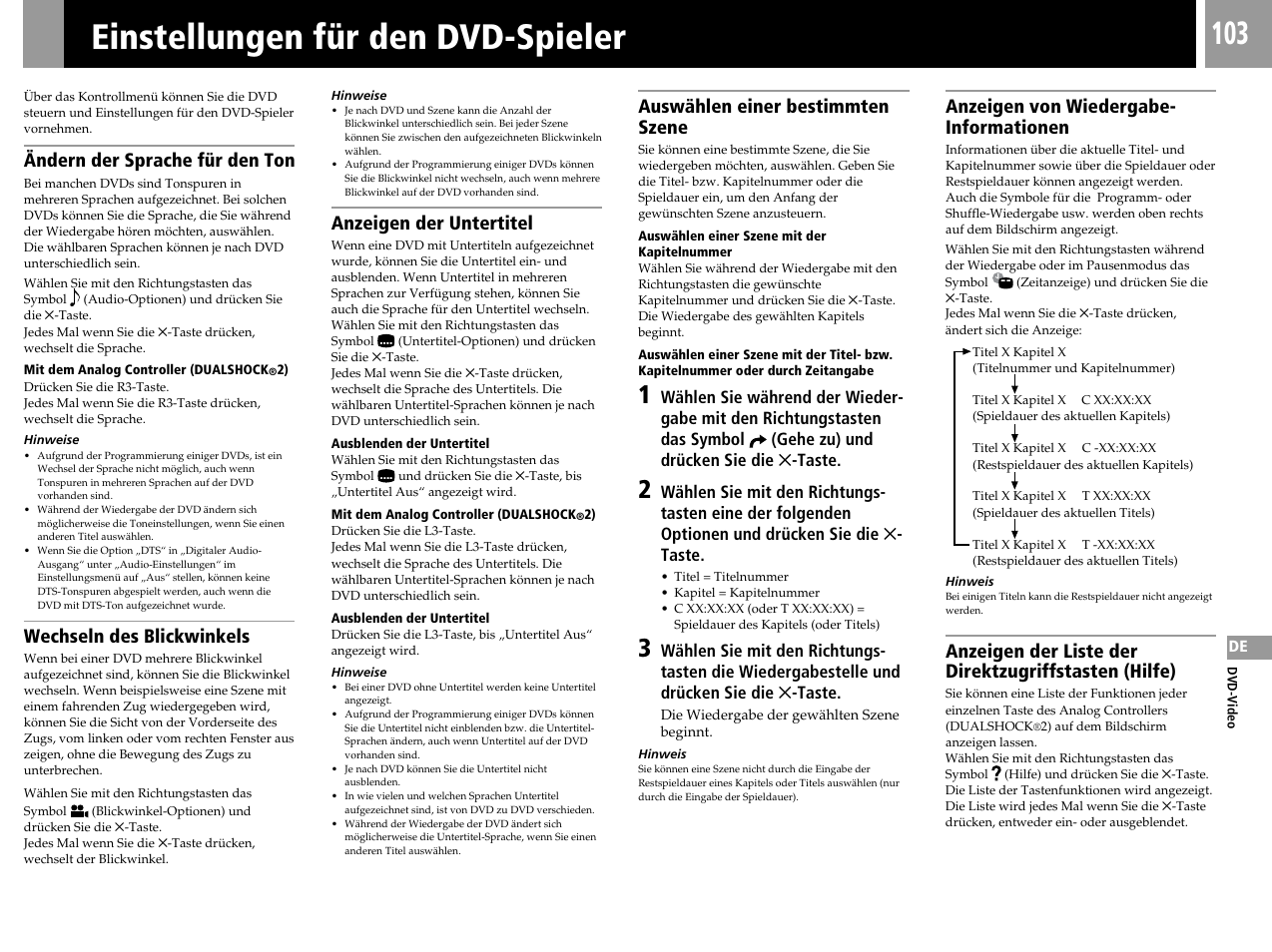 Einstellungen für den dvd-spieler, Ändern der sprache für den ton, Wechseln des blickwinkels | Anzeigen der untertitel, Auswählen einer bestimmten szene, Anzeigen von wiedergabe- informationen | Sony SCPH-50004 SS User Manual | Page 103 / 116