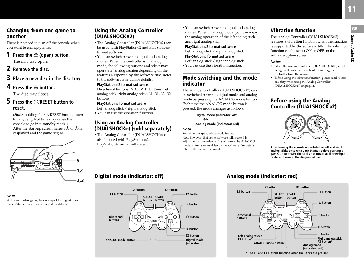 Changing from one game to another, Using the analog controller (dualshock, Using an analog controller (dualshock | Sold separately), Mode switching and the mode indicator, Vibration function, Before using the analog controller (dualshock | Sony SCPH-50004 SS User Manual | Page 11 / 116