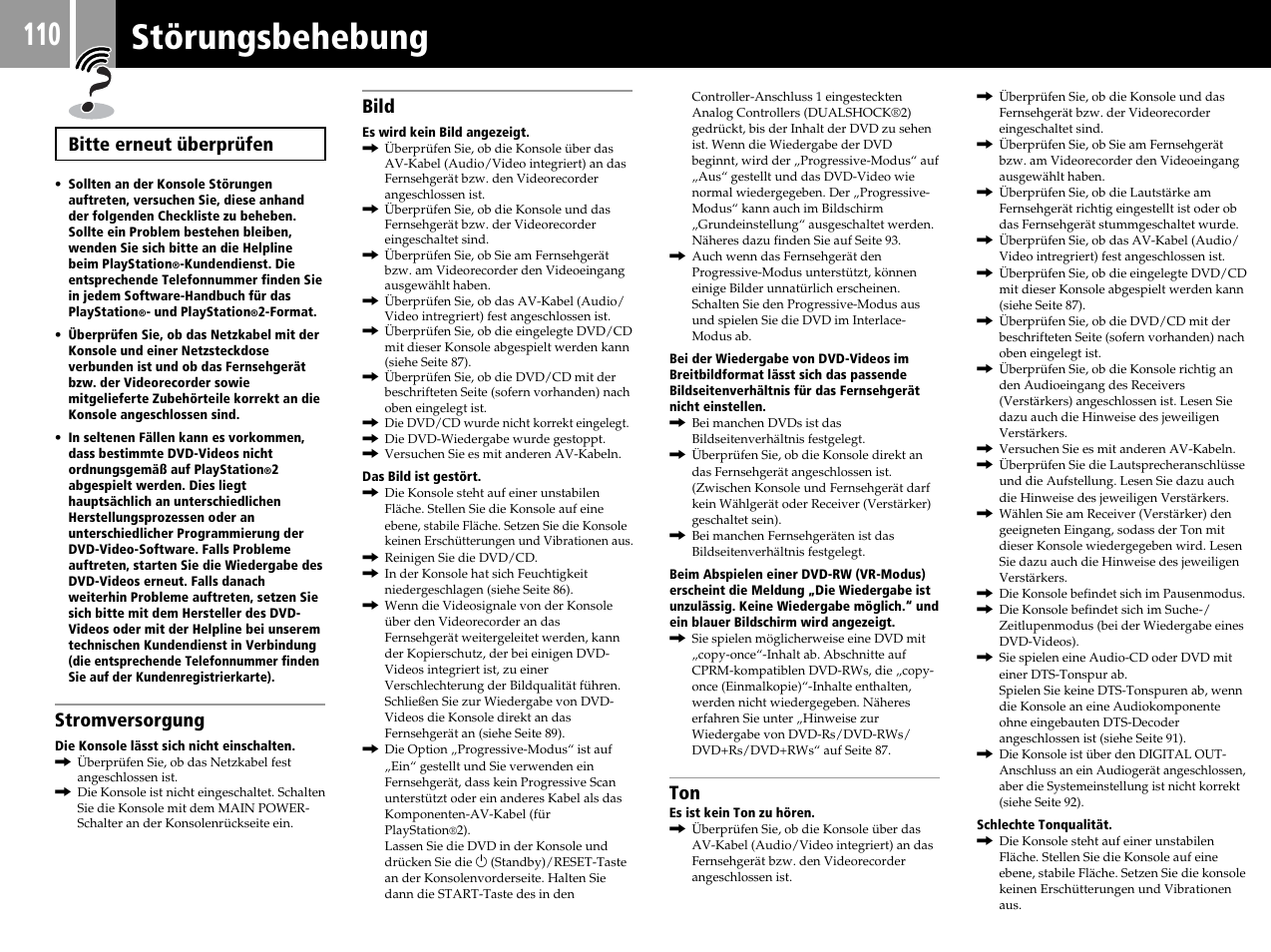 Störungsbehebung, Bitte erneut überprüfen, Stromversorgung | Bild | Sony SCPH-50004 SS User Manual | Page 110 / 116