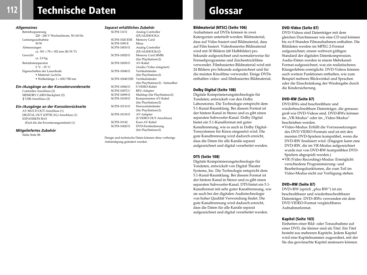 Glossar, Technische daten | Sony SCPH-50004 SS User Manual | Page 112 / 116