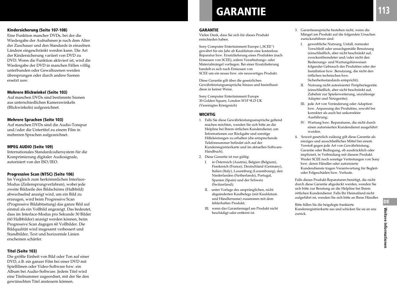 Garantie | Sony SCPH-50004 SS User Manual | Page 113 / 116