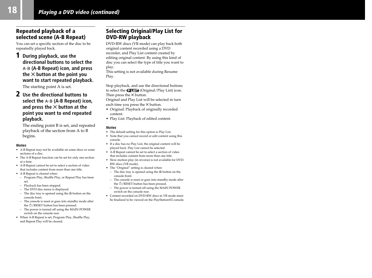 Selecting original/play list for dvd-rw playback | Sony SCPH-50004 SS User Manual | Page 18 / 116