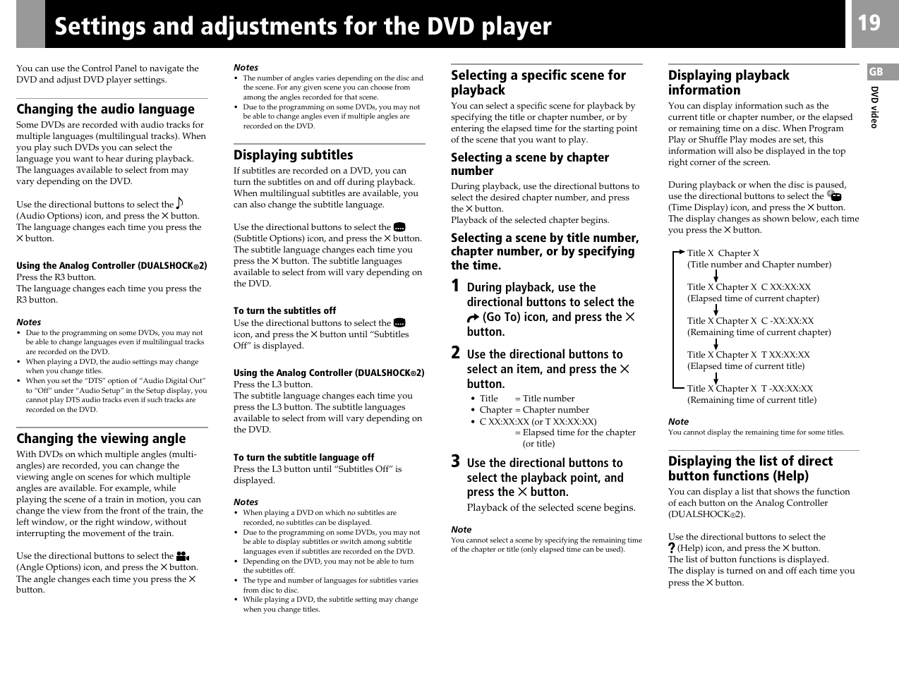 Settings and adjustments for the dvd player, Changing the audio language, Changing the viewing angle | Displaying subtitles, Selecting a specific scene for playback, Displaying playback information | Sony SCPH-50004 SS User Manual | Page 19 / 116