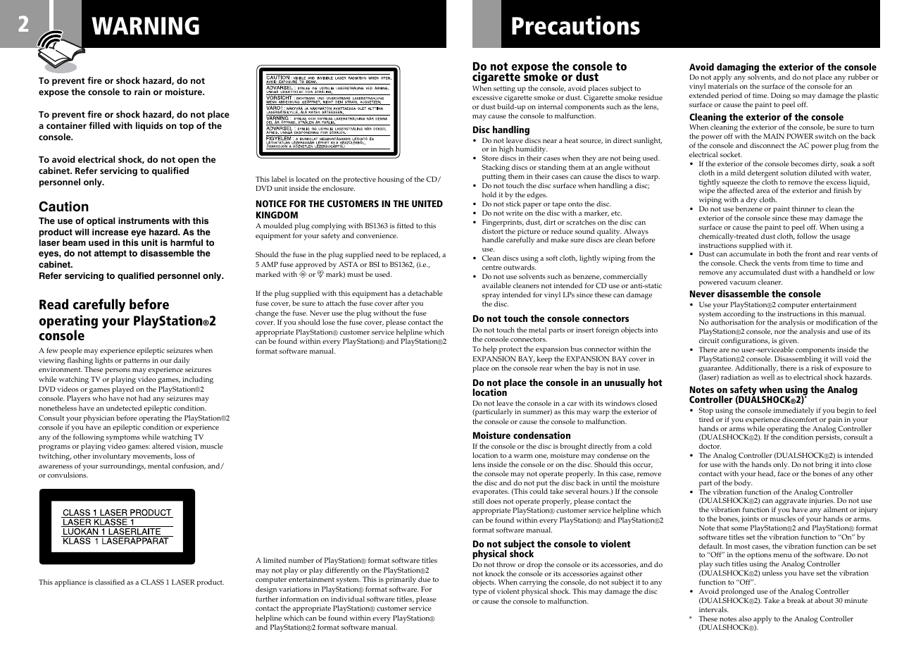 Warning, Precautions, Caution | Read carefully before operating your playstation, 2console | Sony SCPH-50004 SS User Manual | Page 2 / 116