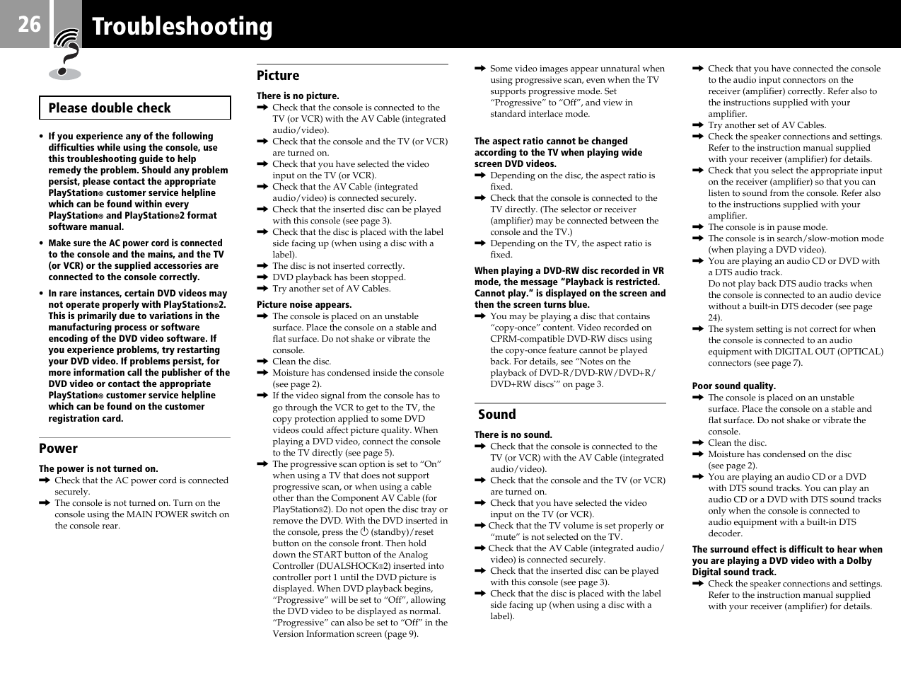 Troubleshooting, Sound, Please double check | Power, Picture | Sony SCPH-50004 SS User Manual | Page 26 / 116