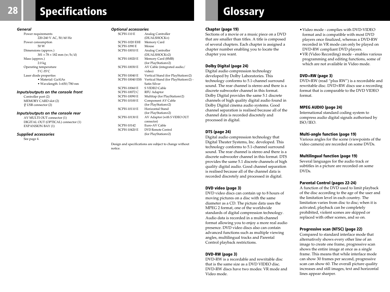 Glossary, Specifications | Sony SCPH-50004 SS User Manual | Page 28 / 116