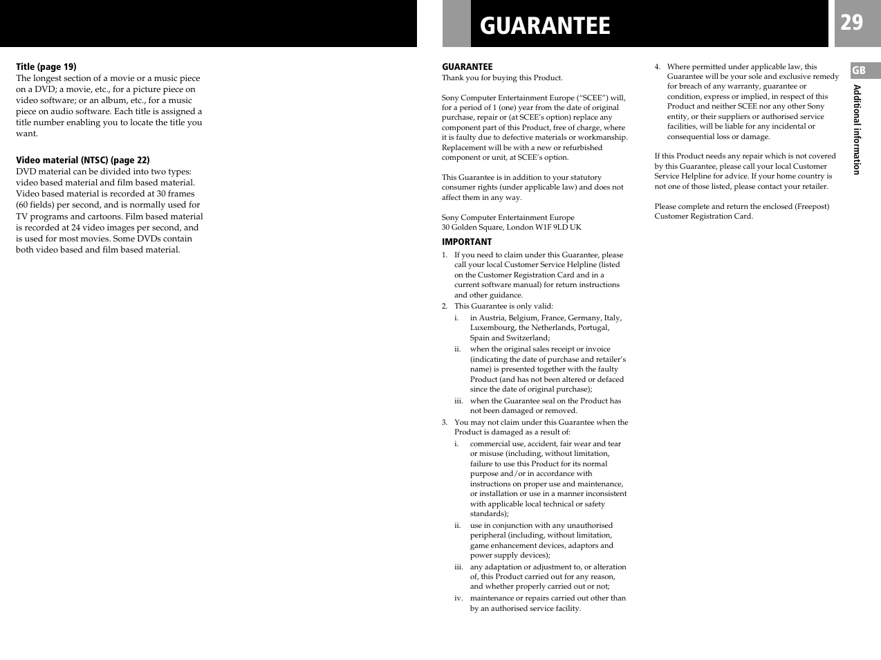 Guarantee | Sony SCPH-50004 SS User Manual | Page 29 / 116