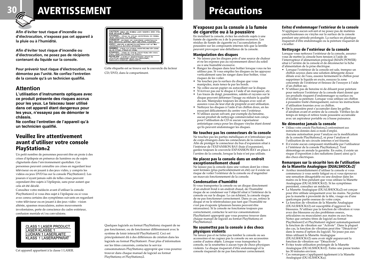 Avertissement précautions, Attention | Sony SCPH-50004 SS User Manual | Page 30 / 116