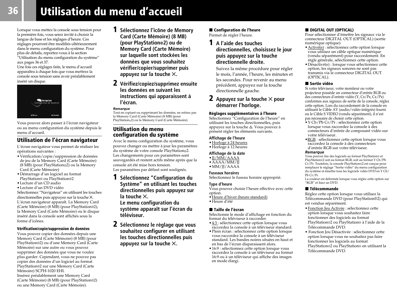 Utilisation du menu d’accueil | Sony SCPH-50004 SS User Manual | Page 36 / 116