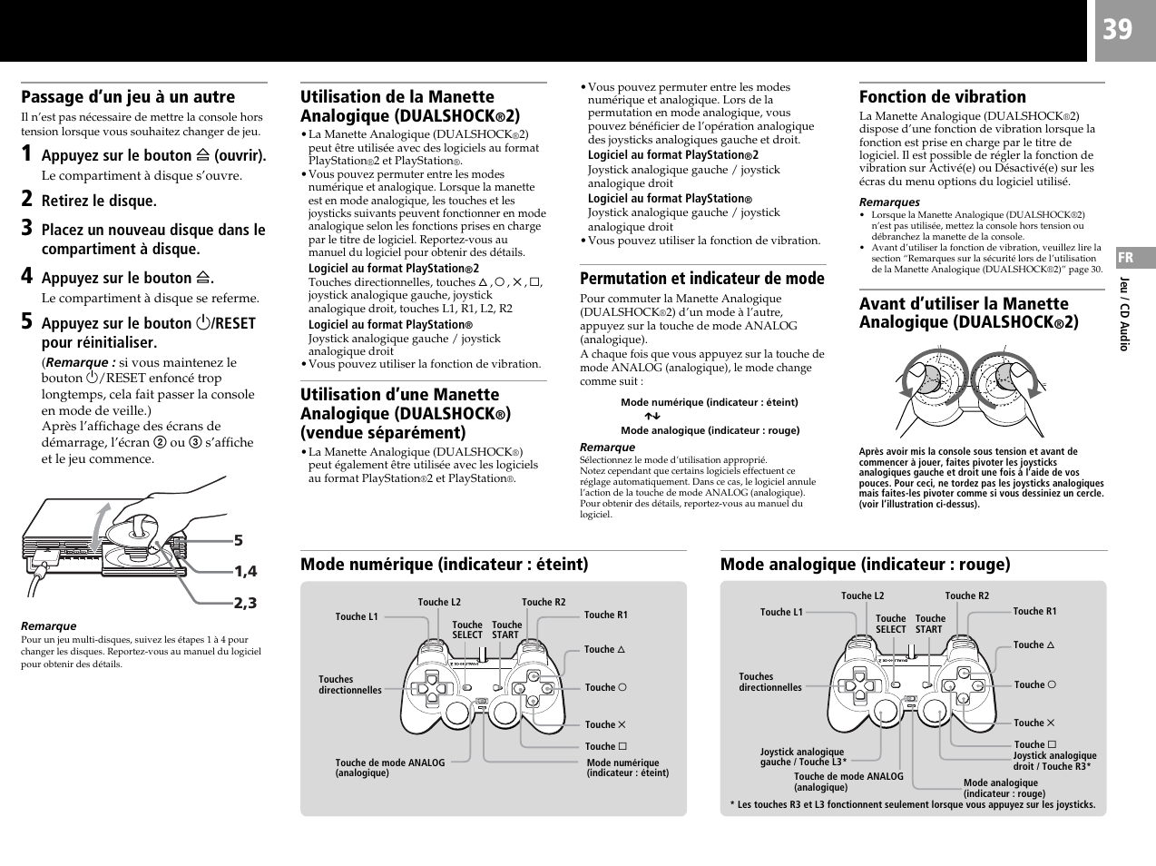 Passage d’un jeu à un autre, Utilisation de la manette analogique (dualshock, Utilisation d’une manette analogique (dualshock | Vendue séparément), Permutation et indicateur de mode, Fonction de vibration, Avant d’utiliser la manette analogique (dualshock | Sony SCPH-50004 SS User Manual | Page 39 / 116