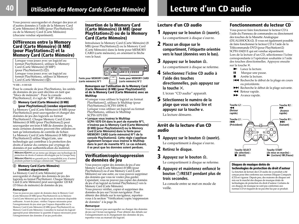 Lecture d’un cd audio, Arrêt de la lecture d’un cd audio, Fonctionnement du lecteur cd | Vérification/copie/suppression de données de jeu | Sony SCPH-50004 SS User Manual | Page 40 / 116