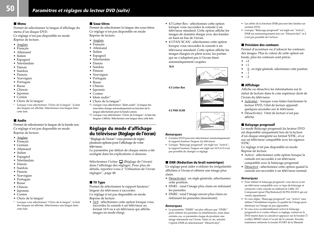Paramètres et réglages du lecteur dvd (suite) | Sony SCPH-50004 SS User Manual | Page 50 / 116