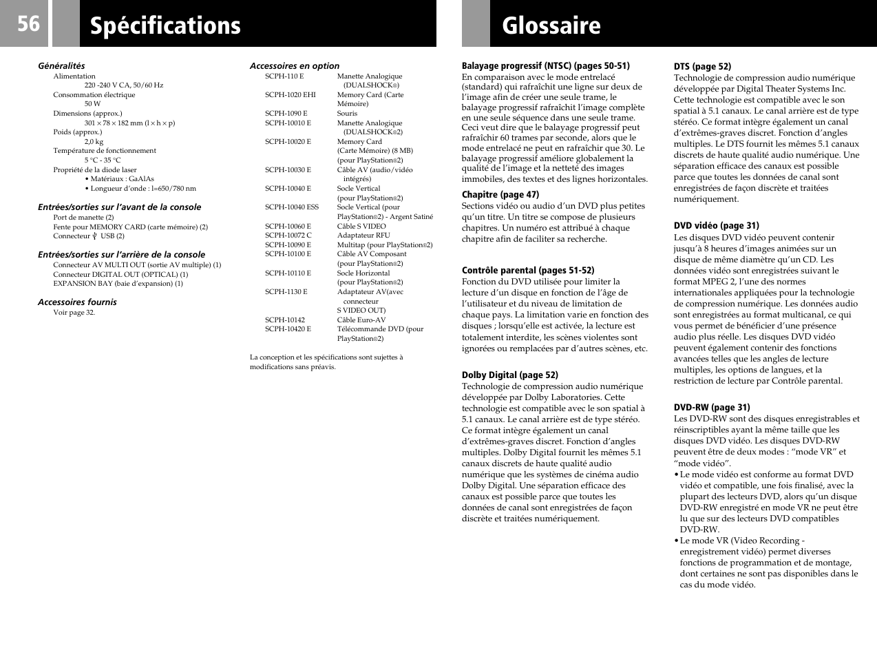 Glossaire, Spécifications | Sony SCPH-50004 SS User Manual | Page 56 / 116