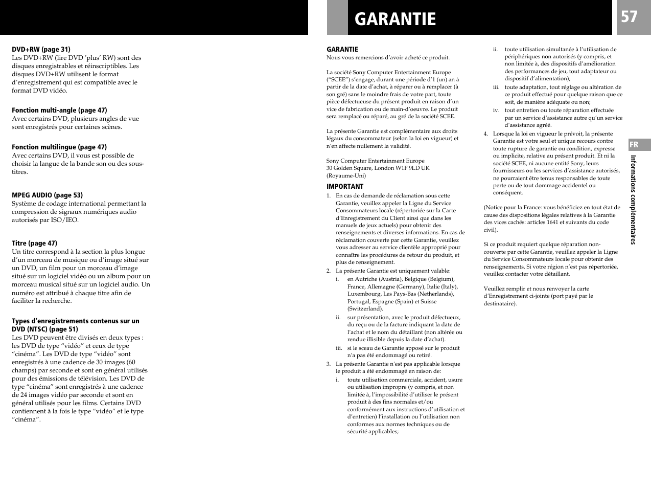 Garantie | Sony SCPH-50004 SS User Manual | Page 57 / 116