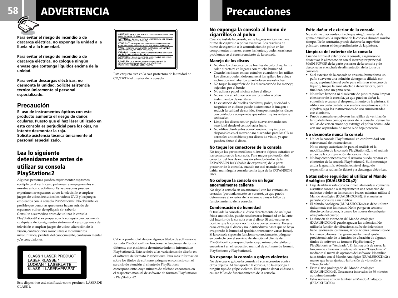 Advertencia, Precauciones, Precaución | Sony SCPH-50004 SS User Manual | Page 58 / 116