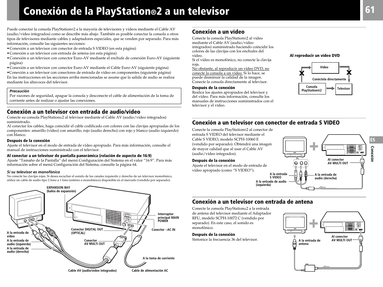 Conexión de la playstation, 2 a un televisor, Conexión a un televisor con entrada de audio/vídeo | Conexión a un vídeo, Conexión a un televisor con entrada de antena | Sony SCPH-50004 SS User Manual | Page 61 / 116