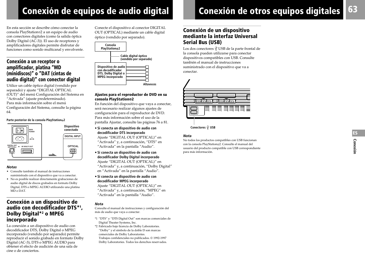 Conexión de equipos de audio digital, Conexión de otros equipos digitales, Dolby digital | O mpeg incorporado | Sony SCPH-50004 SS User Manual | Page 63 / 116