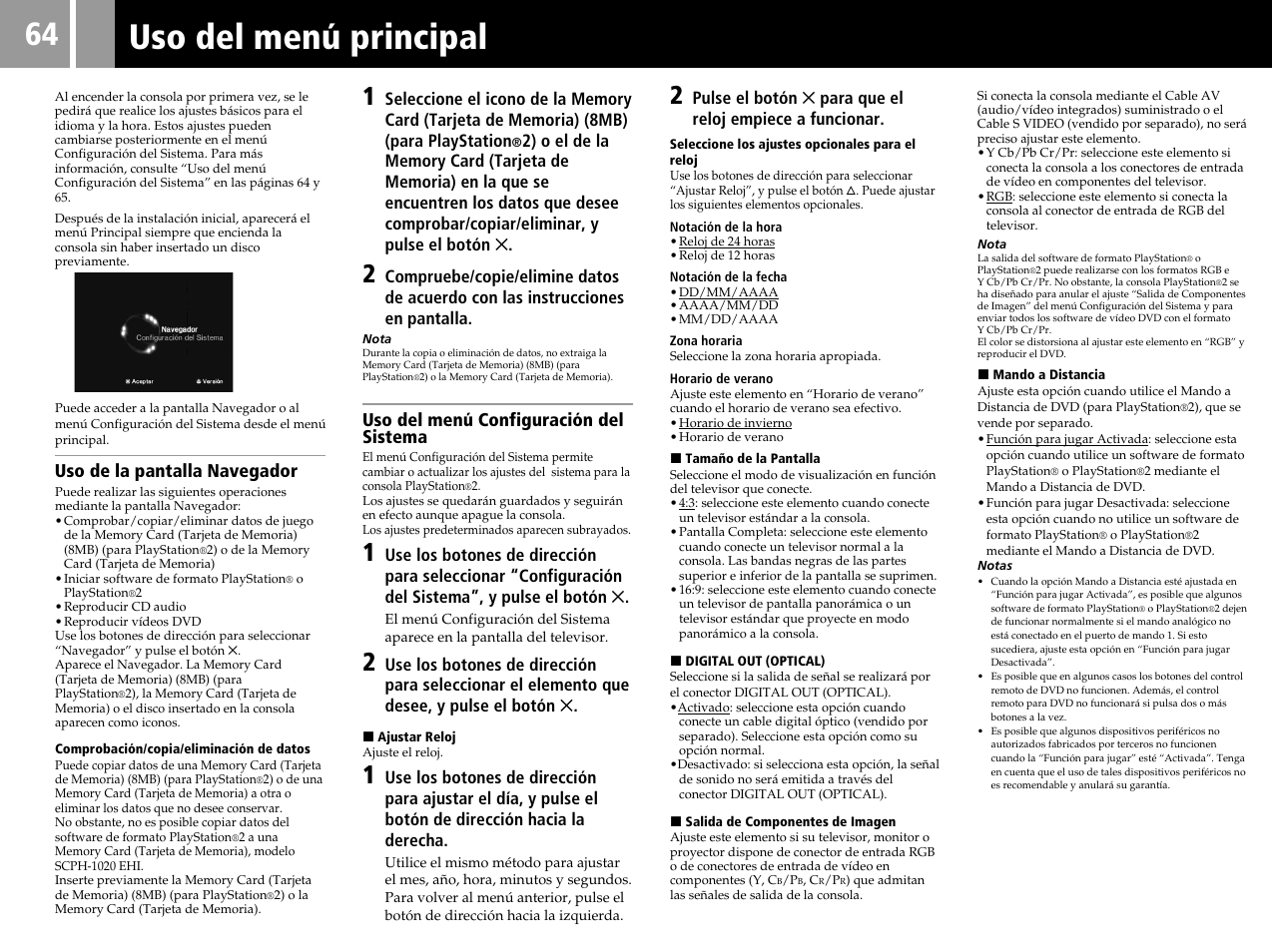 Uso del menú principal, Uso de la pantalla navegador, Uso del menú configuración del sistema | Sony SCPH-50004 SS User Manual | Page 64 / 116