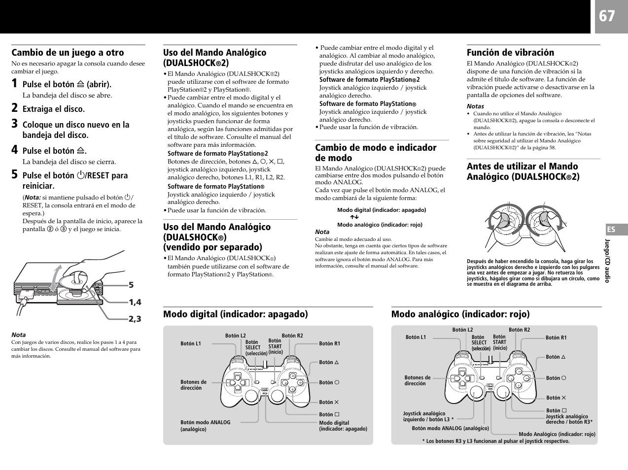 Cambio de un juego a otro, Uso del mando analógico (dualshock, Vendido por separado) | Cambio de modo e indicador de modo, Función de vibración, Antes de utilizar el mando analógico (dualshock | Sony SCPH-50004 SS User Manual | Page 67 / 116