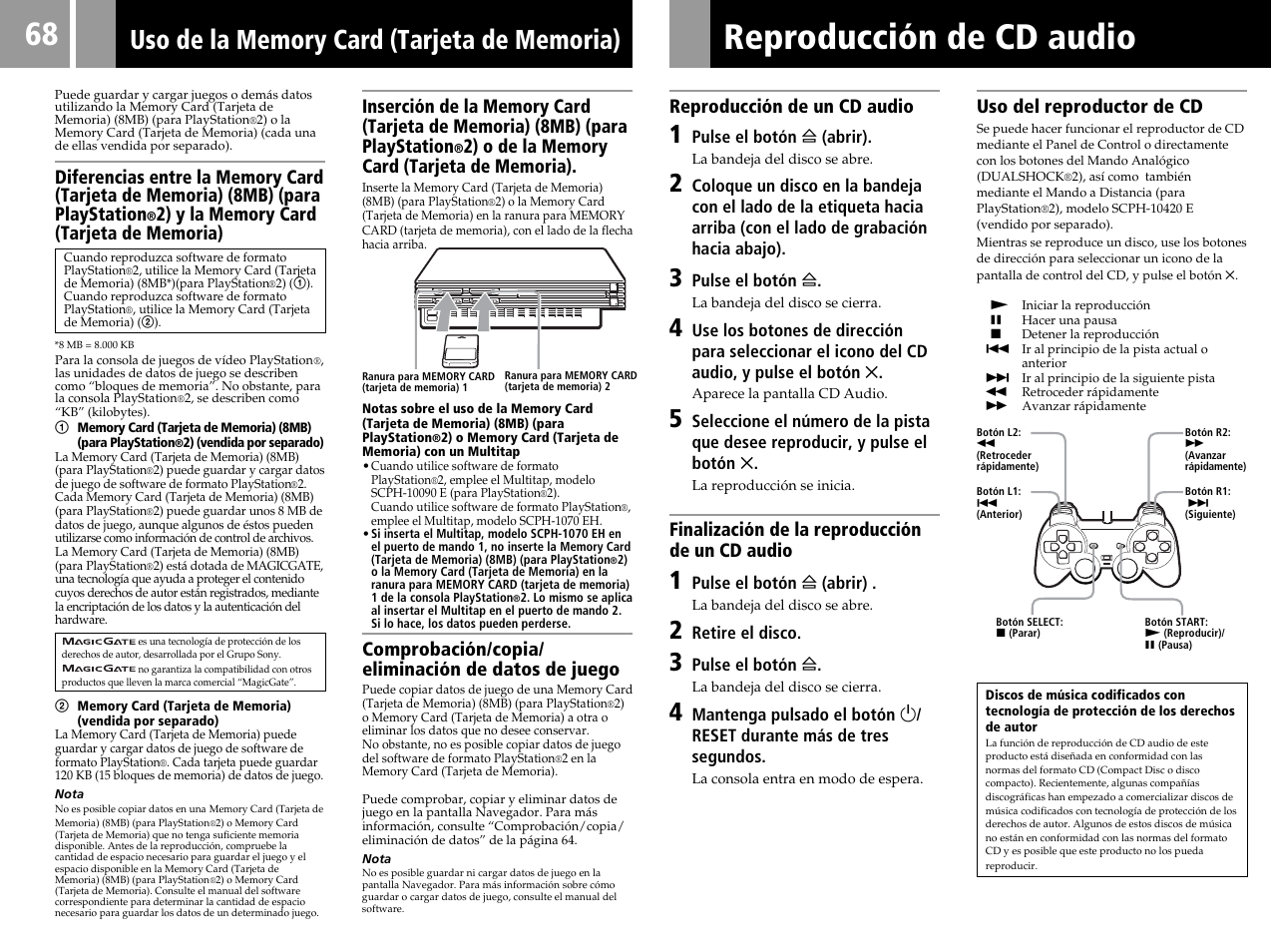 Reproducción de cd audio, Comprobación/copia/ eliminación de datos de juego, Reproducción de un cd audio | Finalización de la reproducción de un cd audio, Uso del reproductor de cd | Sony SCPH-50004 SS User Manual | Page 68 / 116