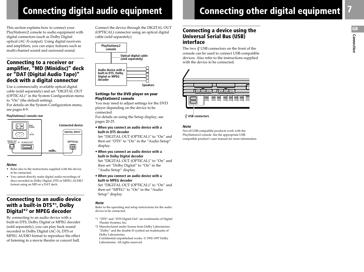 Connecting digital audio equipment, Connecting other digital equipment, Connecting to an audio device with a built-in dts | Dolby digital, Or mpeg decoder | Sony SCPH-50004 SS User Manual | Page 7 / 116