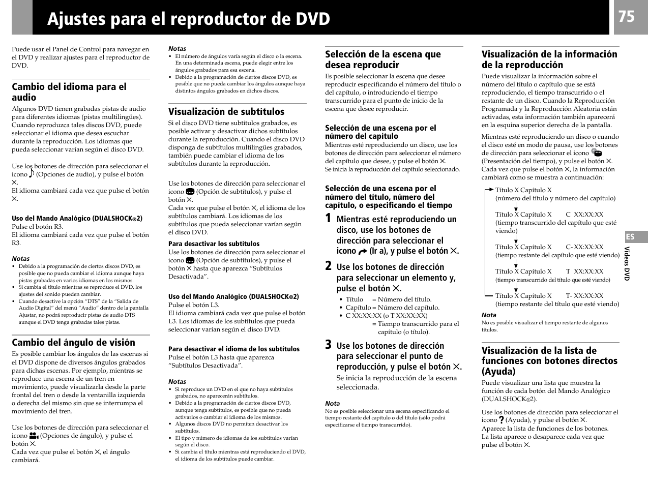 Ajustes para el reproductor de dvd, Cambio del idioma para el audio, Cambio del ángulo de visión | Visualización de subtítulos, Selección de la escena que desea reproducir, Visualización de la información de la reproducción | Sony SCPH-50004 SS User Manual | Page 75 / 116